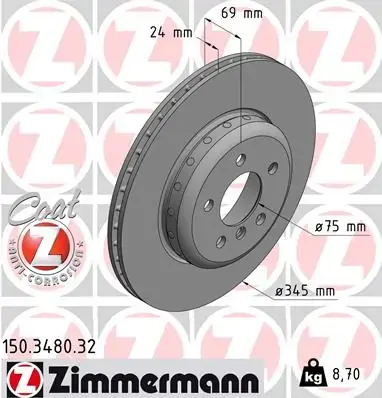 диск гальмівний (задній) BMW 5 (F10/F11)/6 (F06/F13)/ 7 (F01-04) 09- (345x24) (з покриттям) (вент.) ZIMMERMANN 150348032 - фото 1