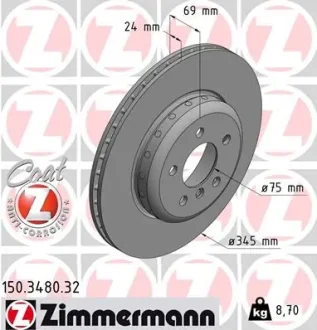 диск гальмівний (задній) BMW 5 (F10/F11)/6 (F06/F13)/ 7 (F01-04) 09- (345x24) (з покриттям) (вент.) ZIMMERMANN 150348032